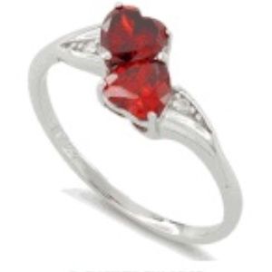 Sterling Silver Double Heart Garnet CZ Ring